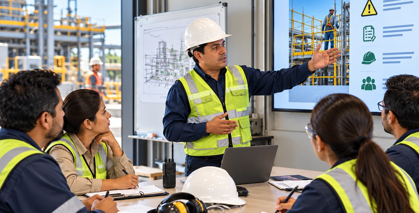Composición ilustrativa de una capacitación técnica de seguridad industrial en planta, con instructor y equipo de supervisión