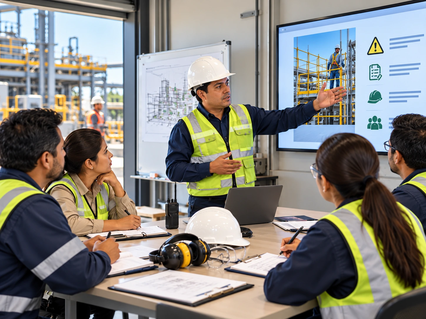 Composición ilustrativa de un instructor de seguridad explicando controles operacionales a personal técnico en planta