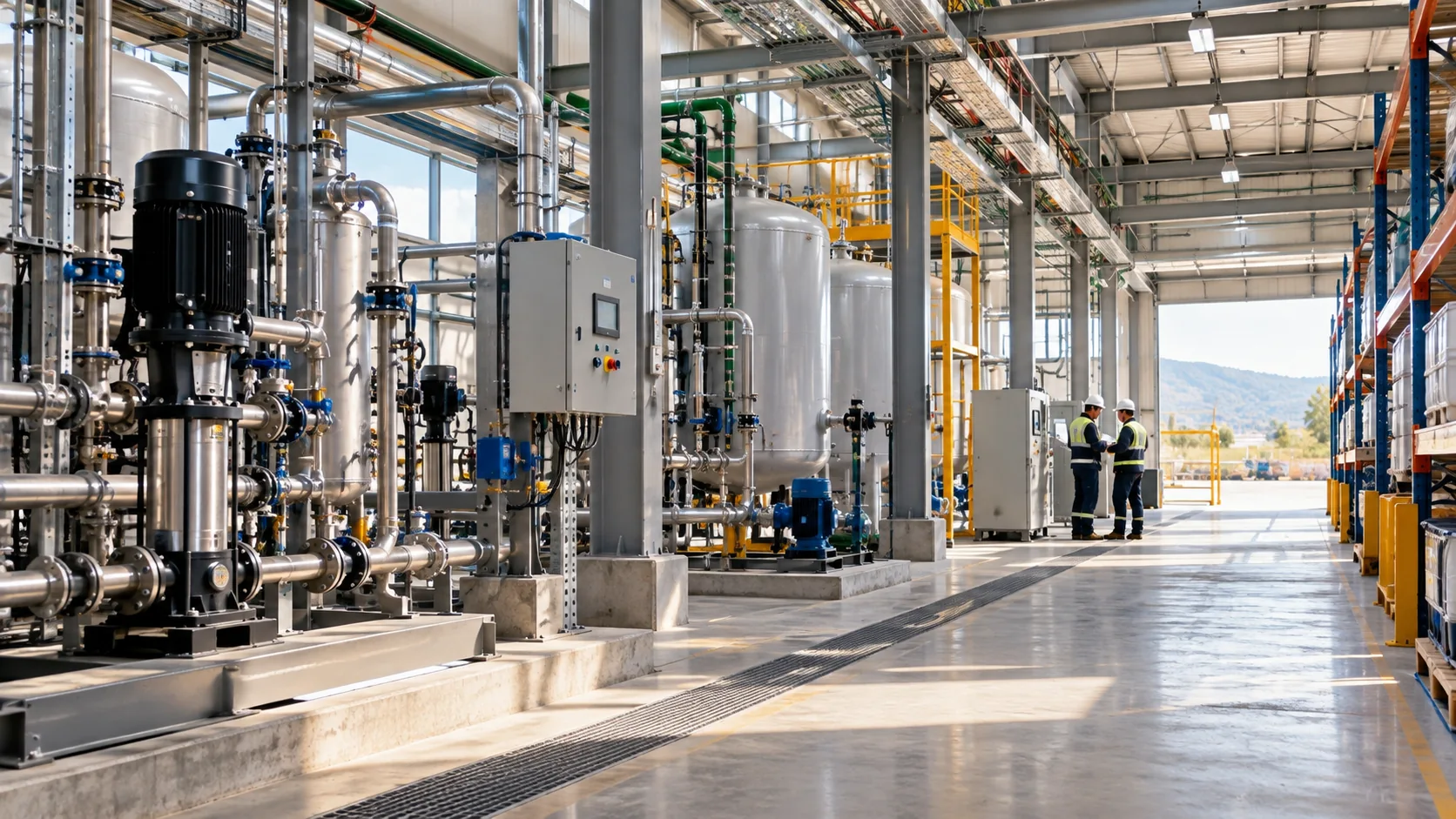 Ilustración de instalaciones industriales modernas, equipos técnicos y personal operativo